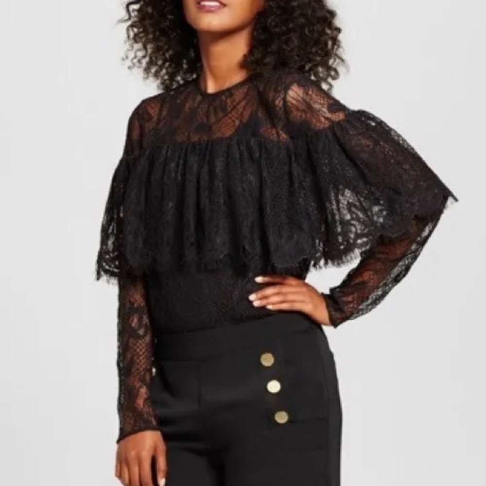 Who What Wear Black Lace Ruffle Long-Sleeve Blouse